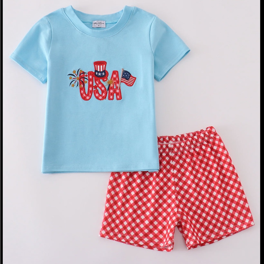 Boutique Patriotic Blue USA Flag Embroidery Shorts and Top Set